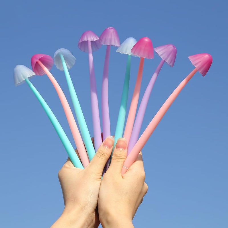 Funny live 6 Pcs/Set Mushroom Rollerball Pens, Bendable Gel Rollerball Pens Free to Bend, Soft Leaves Touch Comfortably, 0.5mm Black Ink, Office Home Bedroom Decoration - Image 1